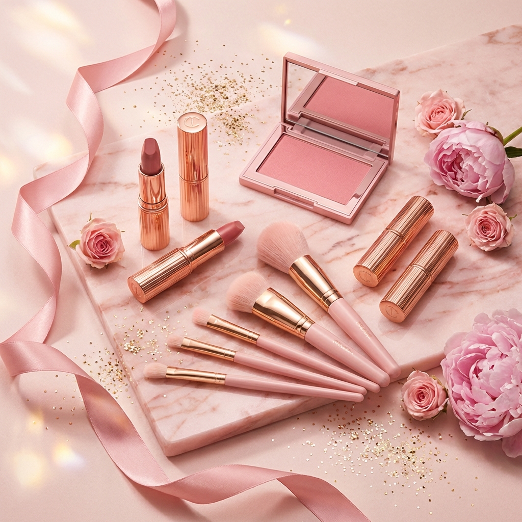 Makiažo produktai - lūpdažiai, šepetėliai, skaistalai